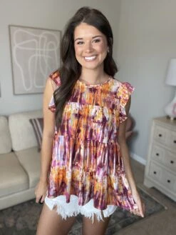 Ruffled Sleeve Multi Colored Top W/ Shirring | S - 3X