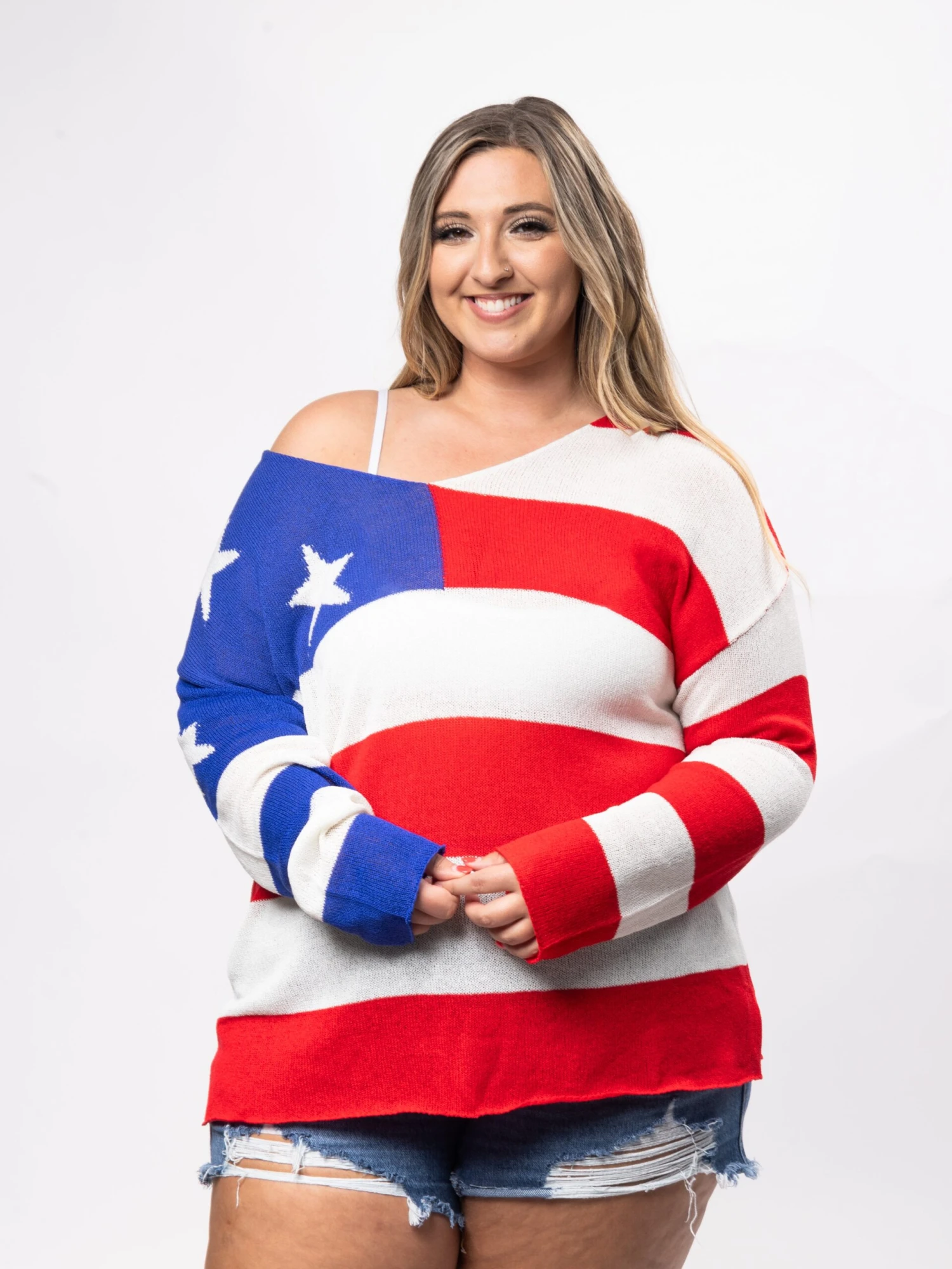 American Flag V-Neck Long Sleeve Knitted Top | S - 3X Americana 4 American Flag V-Neck Long Sleeve Knitted Top | S - 3X Americana - Image 2