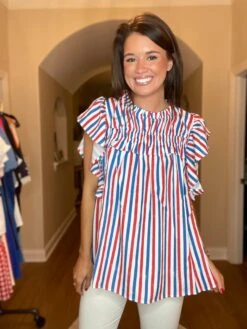 Frilled Mock Neck Shirred Yoke Flutter Short Sleeve Top | S - 3XL