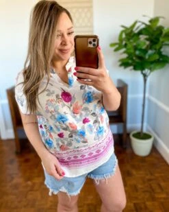 Floral Border Print Split Neck Top | S-3X