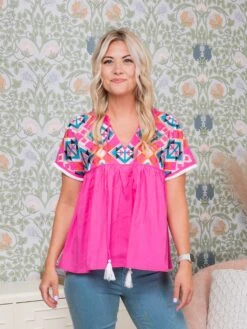 Geometric Embroidered Short Sleeve Tassel Tie V-Neck Blouse | S-XL