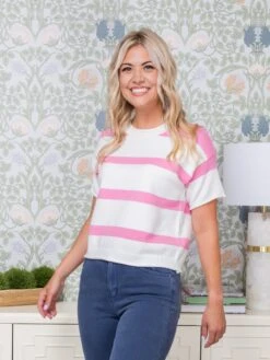 Dropped Short Sleeve Lightweight Knitted Stripe Top | S-XL