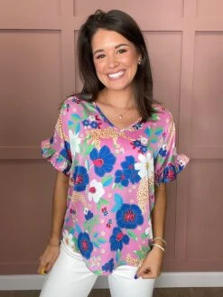 Floral Ruffle Short Sleeve Top | S-L