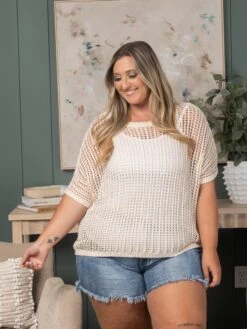 Fishnet Ribbed Round Neck Short Sleeve Sweater Tee | S-2XL