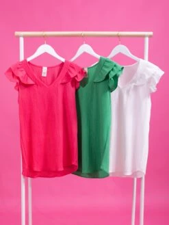 Crinkle Gauze V-Neck Flutter Sleeve Top | S - 3XL