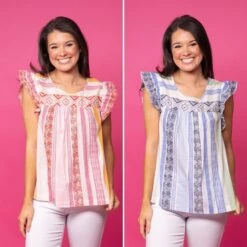 Multi Patterned Ruffled Cap Sleeve Top | S-L