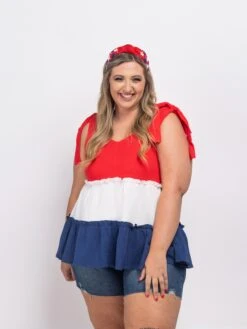 Colorblock Ruffle Babydoll Sleeveless V Neck Top | S-3X Americana -STACCATO Sale Store 668136a133fc9825faa9c024aaa71d35