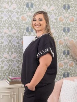 Pearl Detail Textured Short Sleeve Lounge Top | S-3X Set W/ Sku52237 -STACCATO Sale Store 7f4bf3acfdde346079c6a3583f702284