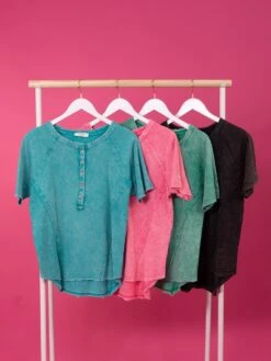 Zenana Crinkle Washed French Terry Button Henley Raglan Top | S - XL