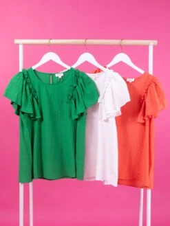 Short Sleeve Ruffle Sleeve Top W/ Back Button Closure | S-3X