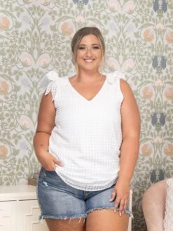 Lattice Texture Bow Knot Shoulder V-Neck Tank Top | S - XL