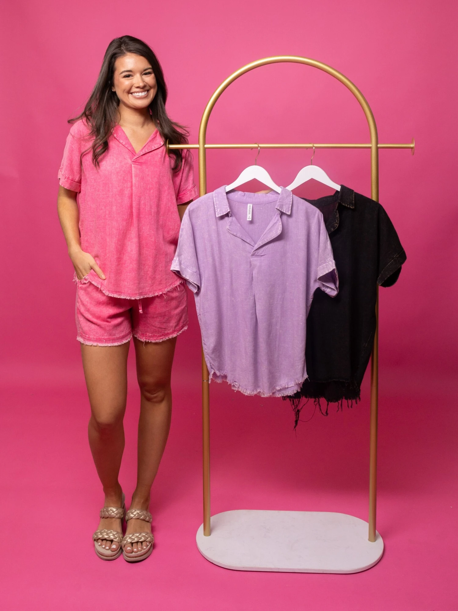 Zenana Washed Linen Raw Edge Short Sleeve Collared Shirt | S - XL Set W/ Sku50368 3 Zenana Washed Linen Raw Edge Short Sleeve Collared Shirt | S - XL Set W/ Sku50368