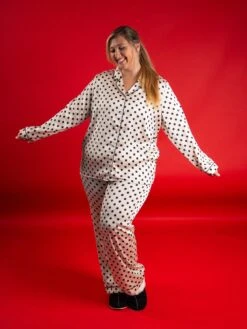 Polka Dot Button Down Long Sleeve Satin Lounge Pajama Top | S - 3X -STACCATO Sale Store CiiQNfGMyrVNoYLuKAqTp4J1tLpXMO2dQZI1EO96