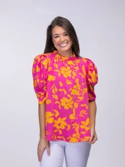 STACCATO Floral Print Ruffle High Neck Puff Short Sleeve Top | S - L