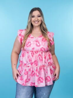 Tiered Animal Print V Neck Top W/ Ruffled Short Sleeves | S-3X