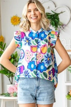 Floral Print Mandarin Collar Flutter Sleeve Blouse | S - 3X