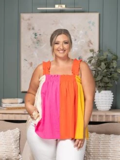 Frill Shoulder Strap W/ Elastic Opening Color Block Bodice Top | S-XL