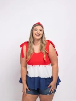 Colorblock Ruffle Babydoll Sleeveless V Neck Top | S-3X Americana