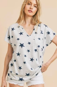 Star Print Split Neck Short Sleeve Top | S - L