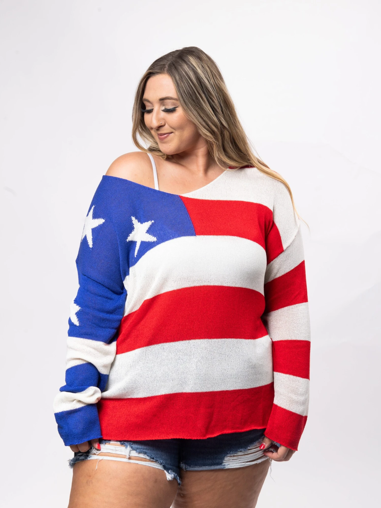 American Flag V-Neck Long Sleeve Knitted Top | S - 3X Americana 3 American Flag V-Neck Long Sleeve Knitted Top | S - 3X Americana
