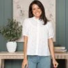 Embroidery Fabric Lightweight Button Down Mock-neckline Short Sleeves Top | S-XL