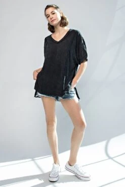 Mineral Washed V-Neck Puff Sleeve Top | S-3XL