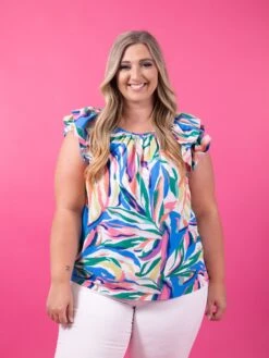 Jodifl Short Ruffle Sleeve Round Neck Printed Top | S - L