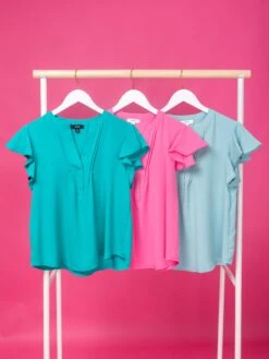 Pleated Split Neck Flutter Sleeve Top | S-3X