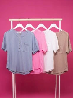 Round Neck Twisted Short Sleeve Banded Henley Top | S - 3XL