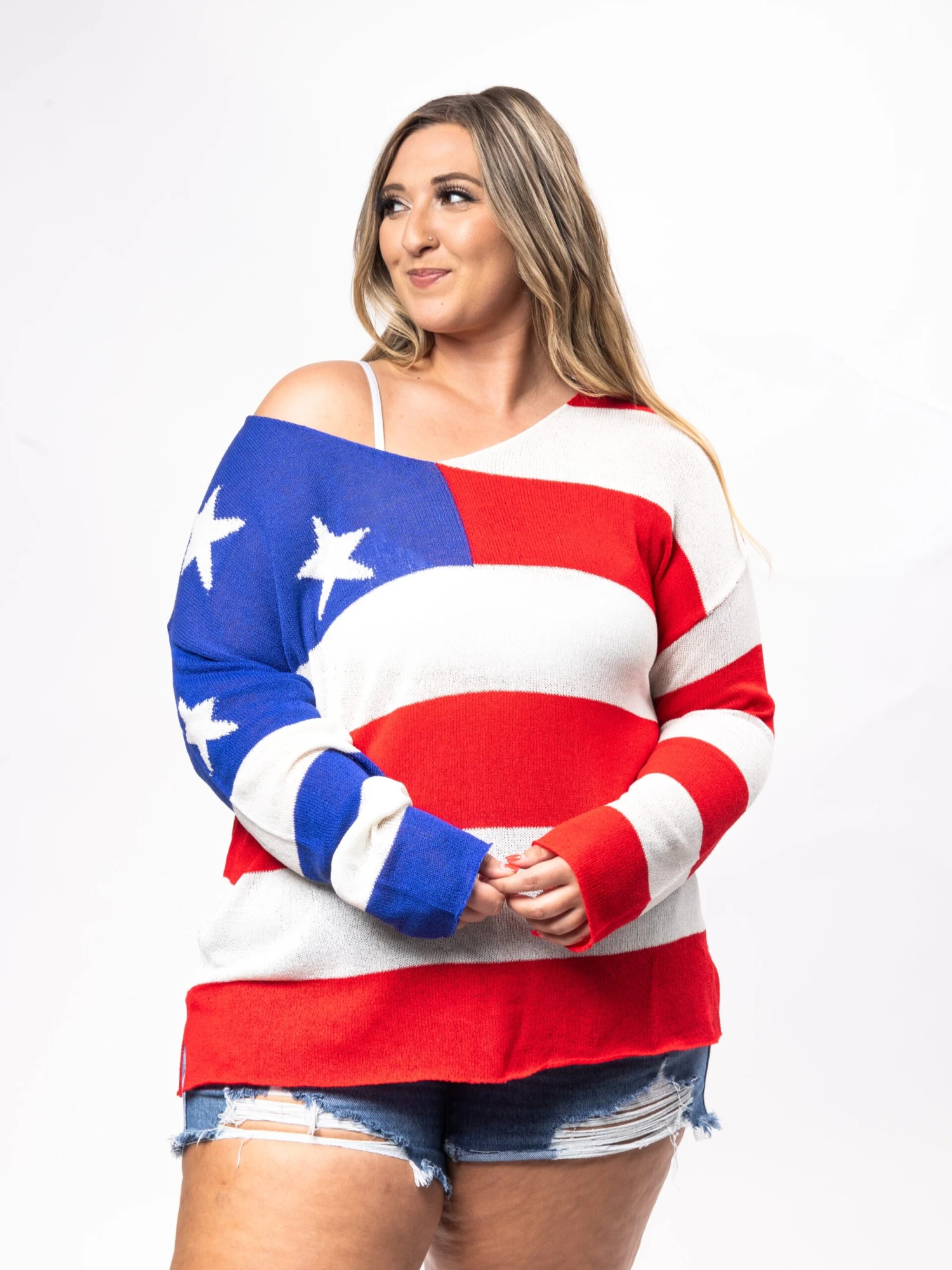 American Flag V-Neck Long Sleeve Knitted Top | S - 3X Americana 5 American Flag V-Neck Long Sleeve Knitted Top | S - 3X Americana - Image 3