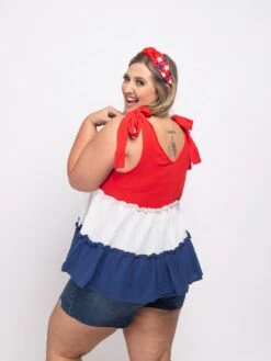 Colorblock Ruffle Babydoll Sleeveless V Neck Top | S-3X Americana -STACCATO Sale Store db835d3da3903491915f8fb7604c7d0a