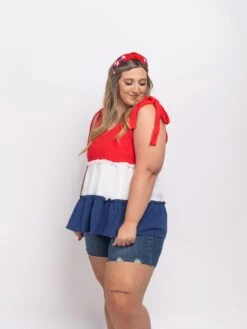 Colorblock Ruffle Babydoll Sleeveless V Neck Top | S-3X Americana -STACCATO Sale Store ddc002c31316ec2033da1db7926ad446