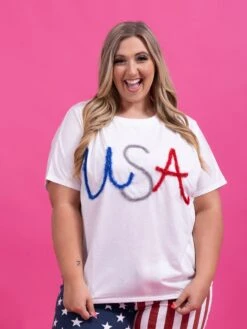 Metallic USA Short Dolman Sleeve Graphic Top | S-XL