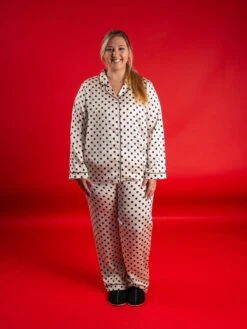 Polka Dot Button Down Long Sleeve Satin Lounge Pajama Top | S - 3X
