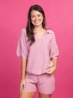 Short Sleeve Collared Crochet Knit Top | S-Lw/ Sku49947