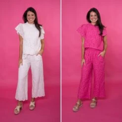 Short Sleeve Relaxed Eyelet Lace Top |S-L Set W/ Sku49807